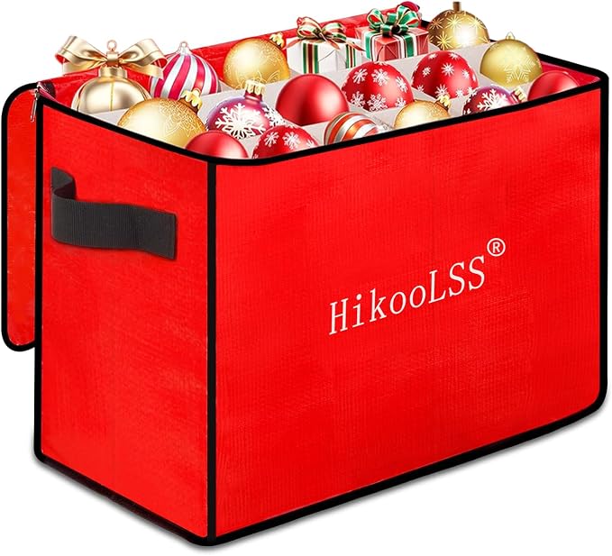 HikooLSS Christmas Ornament Storage Box - Stores up to 72 Holiday Ornaments | With Adjustable Dividers,Covered Top and Two Handles,Double Zipper. PE Material Keeps Holiday Ornaments Clean and Dry (Red)