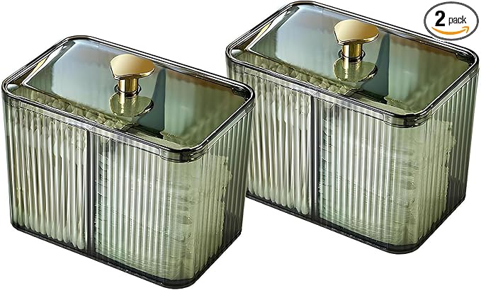 2 Pack 3-Section Clear Qtip Holder with Dustproof Lid, Bathroom Cotton Ball and Qtip Organizer, Cotton Swab Container for Vanity Canisters Jars for Countertop Storage and Organization (Clear-Green)