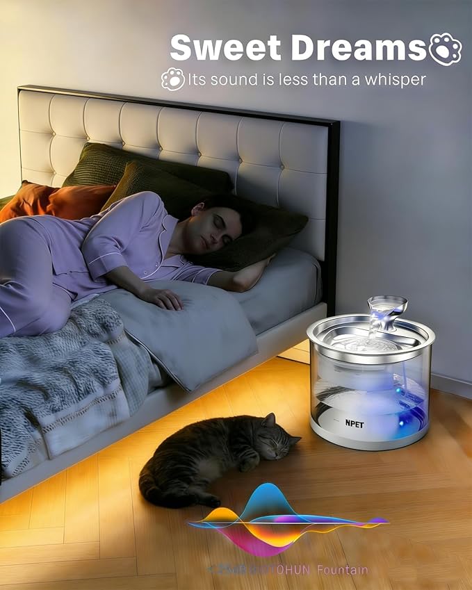 NPET N280 Cat Water Fountain Glass, 95oz/2.8L Automatic Pet Fountain Dog Stainless Steel Tray, Water Dispenser for Cats, Dogs, Multiple Pets (Water Fountain + 5 Filters)
