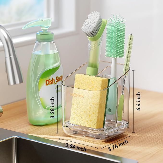 MOPMS Kitchen Sponge Holder with Drip Tray, Sink Caddy Organizer | Clear PET Kitchen Storage Rack Holds Brushes with Removable Divider, Durable Countertop Holder Space-Saving