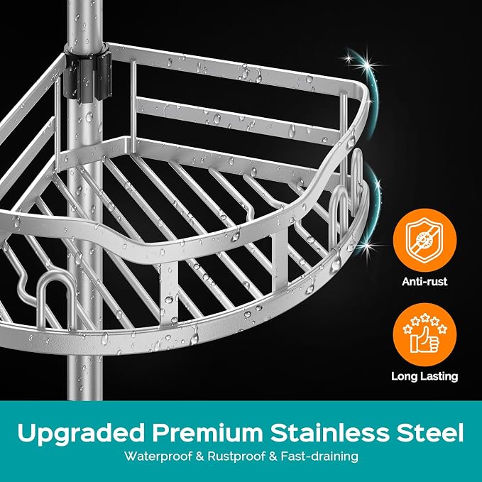 HAMITOR Corner Shower Caddy Tension Pole: Rustproof 4-Tier Bathroom Organizer Shelves for Bathtub Shampoo Storage - 47-121 Inch Quick Install Adjustable Rod Standing Rack with Soap Rack - Silver Gray | Rustproof Organizer 4-Tier Shelves , 47-121 In Rod...