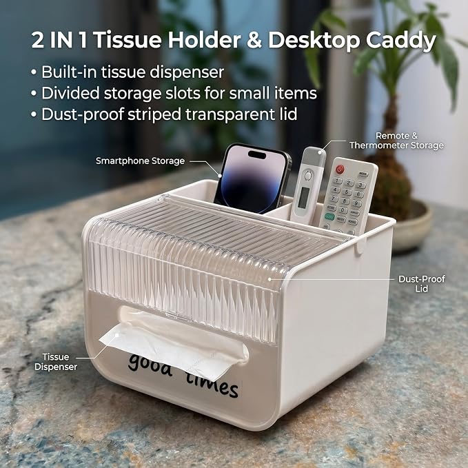 Tissue Box Cover with Storage Tray, Decorative Remote Organizer for Nightstand Bedroom Office Desk