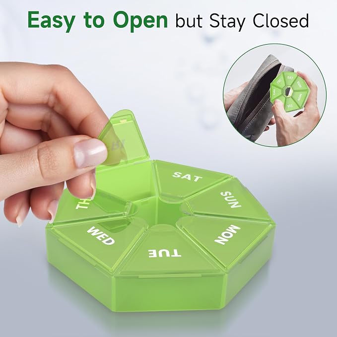 Weekly Pill Organizer, 2 Pack Portable Travel Pill Box, 7 Day Pill Case | Easy Open, BPA-Free, Arthritis Friendly Medicine Pill Container, Medicine Case for Vitamins,Supplements Medications, Green