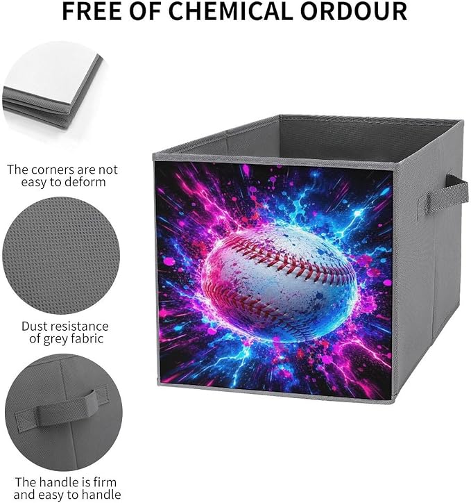 Galactic Baseball Energy Burst Storage Bin with Handles, Oxford Fabric Foldable Storage Cube Organizer for Clothes, Towels, Bedroom, Living Room, Home Organization