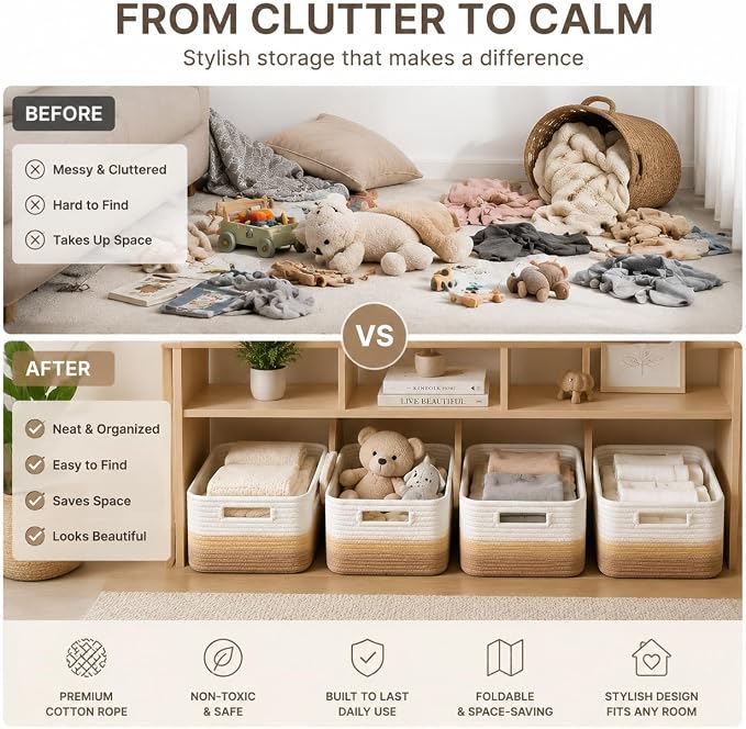 4 sets of hand-woven cotton rope storage boxes, suitable for toys, books, clothes, bathrooms, car trunks used for organizing decoration, Khaki color Two 16x14x7 in two 14x10x7in