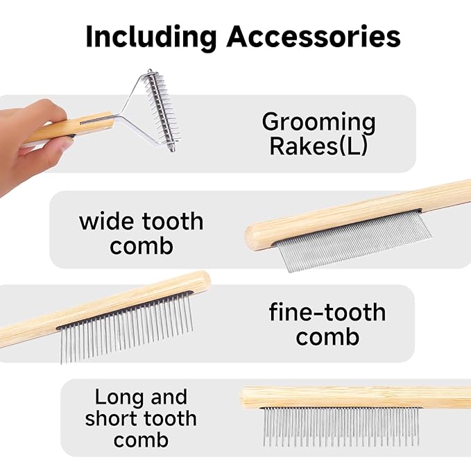 Bamboo 4-in-1 Cat Brush for Long Haired Cats, Professional Cat & Dog Deshedding Comb, Undercoat Rake Dematting Tool for Matting & Shedding, Complete Pet Grooming Kit for Indoor Cats