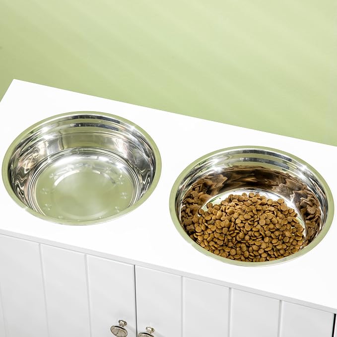 PawHut Large Elevated Dog Bowls with Storage Cabinet Containing Large 44L Capacity, Raised Dog Bowl Stand Pet Food Bowl Pet Feeding Station, White | Raised Dog Bowl Stand, Pet Feeding Station
