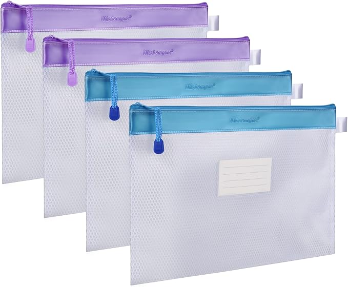 Wisdompro Zipper Pouch, 4 Pack Waterproof Mesh File Bag, Document Organizer | 13.3x9.8", Letter Size Mesh Bag with Outer Label Pocket, Durable, Perfect for File, Paper, Office, School, Home, Blue/Purple