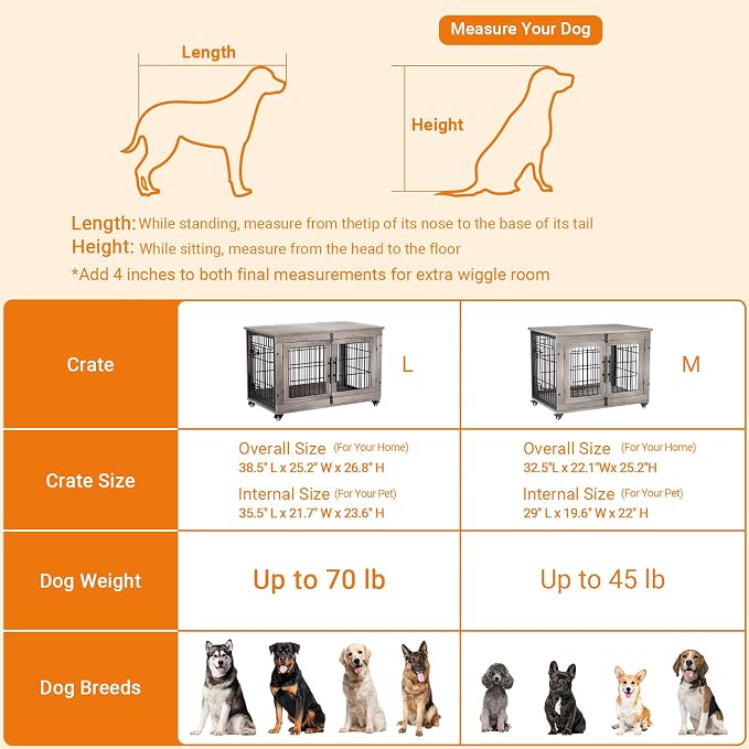 Large Dog Crate Furniture, 38'' Heavy Duty Wood Kennel w/Cushion & Wheels | Grey, Double Doors, Wooden Dog Cage, Chew-Resistant, End Table, Decorative, 27"/32"/38"/44" Options, Indoor