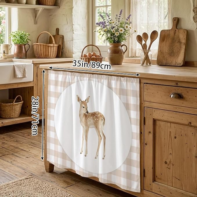 Resting Fawn Oven Skirt Curtain for Kitchen Decor 28"x35", Natural Animals Farmhouse Modern Plaid Self Adhesive Stove Curtains Skirt Cabinet Curtains for Bathroom Laundry Room
