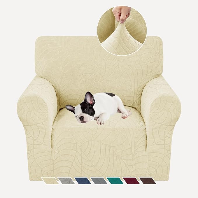 YEMYHOM Couch Cover Latest Jacquard Design High Stretch Sofa Chair Covers for Living Room, Pet Dog Cat Proof Armchair Slipcover Non Slip Magic Elastic Furniture Protector (Small, Begonia Leaf Beige)