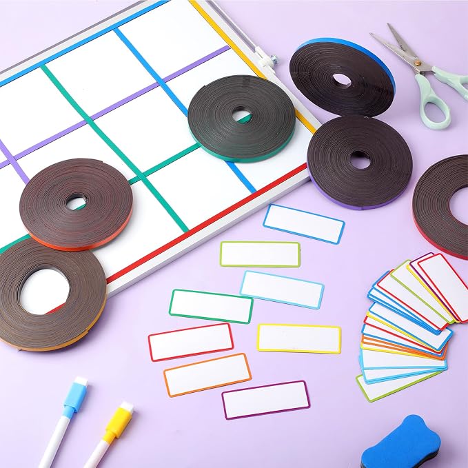 Tellegloww 6 Rolls 1/4" Magnetic Whiteboard Tape Set 33ft Magnetic Tape Roll Thin Strips Borders for Classroom Whiteboard with 48pcs Dry Erase Labels for Classroom School Office Home Students