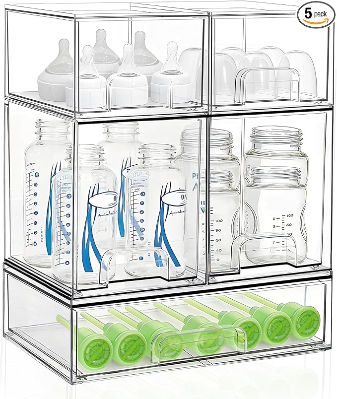 Bottle Storage Organizer Baby: Acrylic Stackable Storage Drawers | Clear Bottles Station Organizer for Countertop, Vanity, Bathroom, Cabinet Organization - 5 Pack