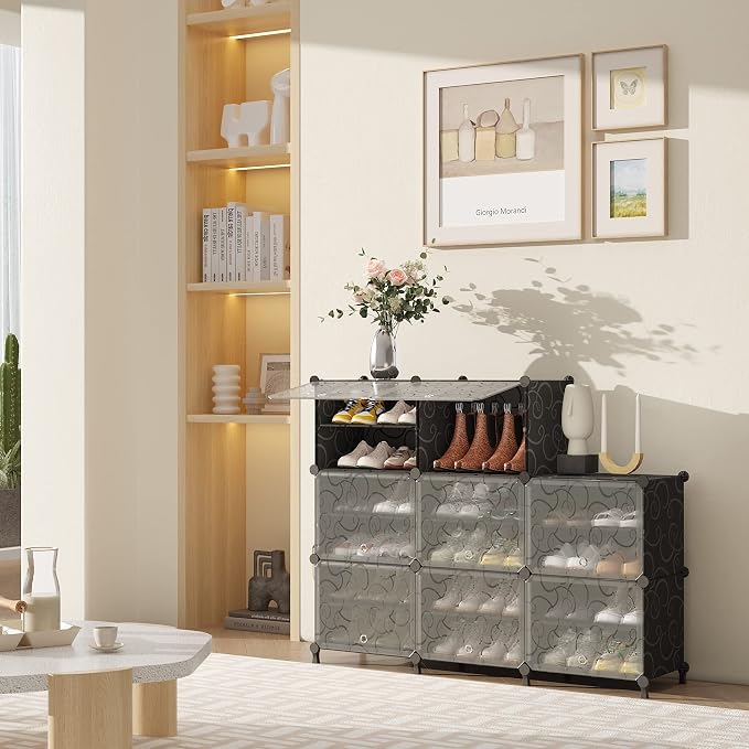 AWTATOS 8 Tiers Shoe Rack Organizer, 32 Pair Shoe Storage Cabinet, Black | DIY Stackbale Plastic Shoe Organizer Shelves for Closet Entryway Hallway Bedroom