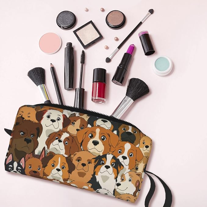 Cute Dog Faces Makeup Bag for Women with Wrist Strap | Durable 600D Oxford Fabric Cosmetic Organizer,Compact Travel Pouch with Handle for Gym & Daily Use