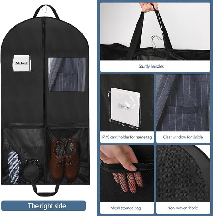 3 Pack 43" Travel Garment Bags for Suit Garment Bags for Closet Storage Hanging Clothes Bag with Carry Handles and 2 Large Pockets, 4" Gussets for Suit Coat, Shirts, Dress
