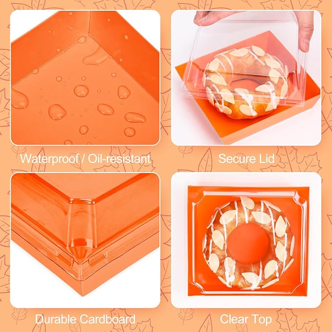Whaline 50 Set 4.7 x 4.3 Inch Orange Small Charcuterie Boxes with Clear Lids Forks Knives Clear Mini Dessert Box Disposable Food Container for Wedding Birthday Sandwich Cookie Sushi Cake