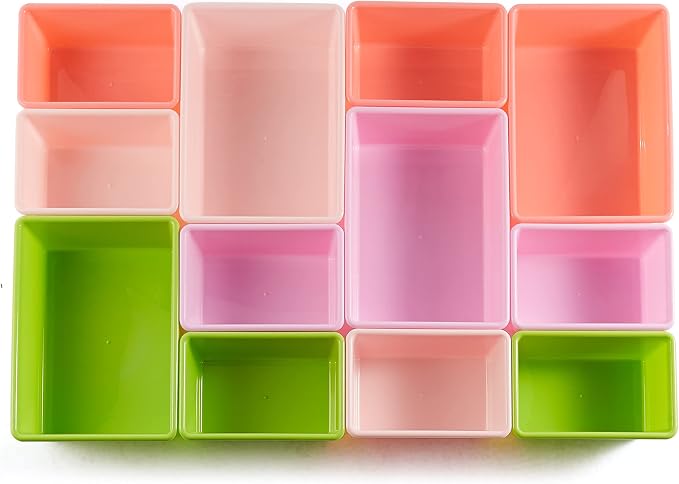 Amazon Basics Kids Toy Storage Organizer with 12 Plastic Bins, White Wood with Pink Bins, for Bedroom and Playroom, 33.85"D x 12.79"W x 35.42"H