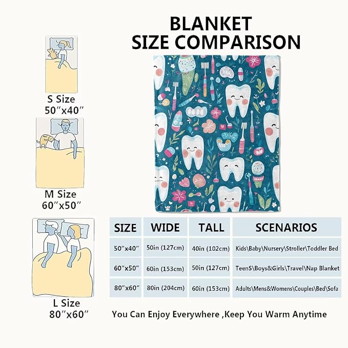 Dental Tooth Fairy Blanket,60x80in,Cute Toothbrushe Floss Teal Throw Blankets,Dental Hygienist Gifts for Kids Adult, Lightweight Soft Fleece Cozy,for Sofa Couch Bed Room Modern Decor