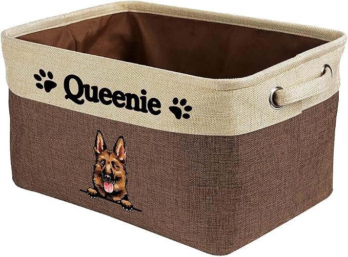 Personalized Fabric Dog Toy Storage Basket with Cute Dog German Shepherd Collapsible Sturdy Fabric Pet Toys Storage Bin Cube with Handles for Organizing, Brown and White