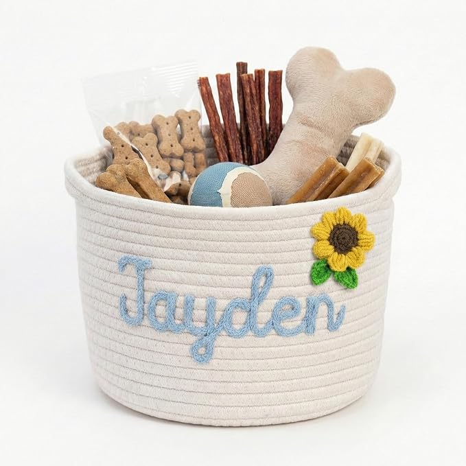 Personalized Dog Toy Storage Basket - Custom Woven Cotton Rope Bin with 3D Cord Name for Puppy Accessories, Treats & Pet Organization White M