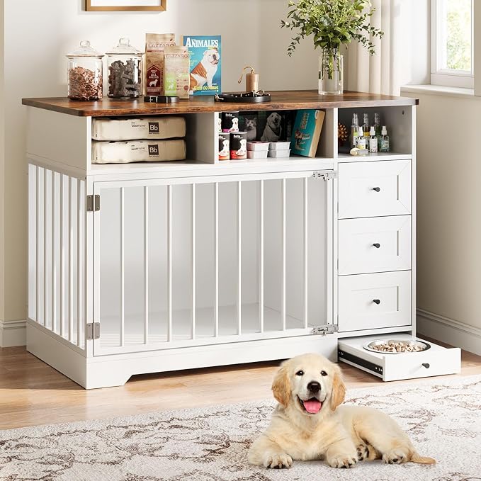 GarveeLife 48'' Dog Crate Furniture with Bowl, Medium Dog Cage, White | Farmhouse Heavy Duty Dog Kennel with Storage Drawers, End Table for Small Medium Dogs