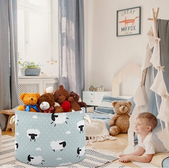 visesunny Cute White Sheep Animal Dot Grey Collapsible Large Capacity Basket Storage Bin with Durable Cotton Handles, Home Organizer Solution for Office, Bedroom, Closet, Toys, Laundry