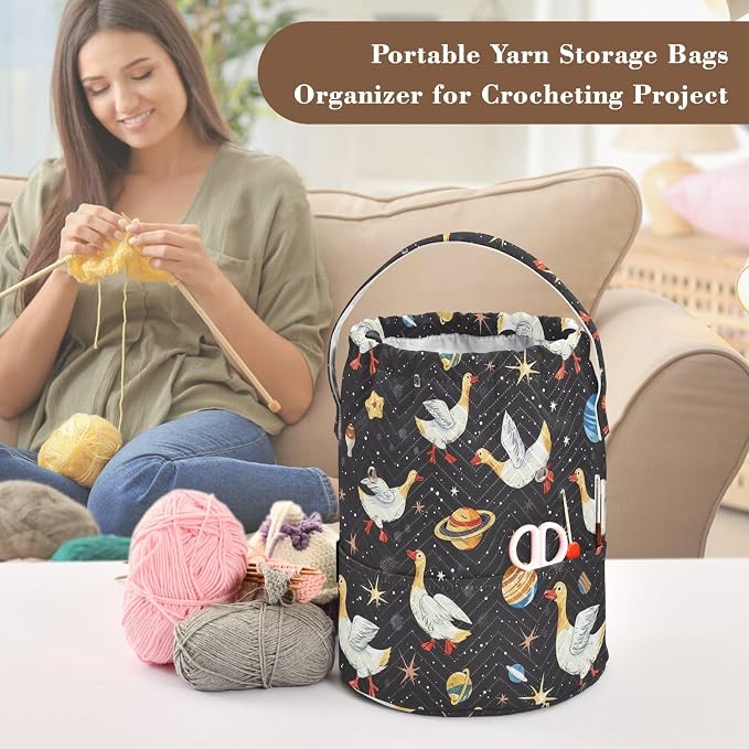 Fustylead Cute Geese in Space with Planets Stars Moon Knitting Yarn Storage Tote Basket, Durable Polyester Large Crochet Drawstring Bag for Crocheting Project, Sewing Supplies, Needles