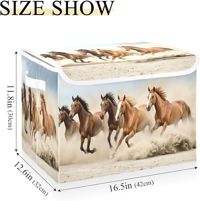 Running Horses Storage Bins with Lids Large Collapsible Storage Basket with Handles Cute Horse Foldable Fabric Storage Box Organizer for Clothes Closet Cabinet Home Office Bedroom