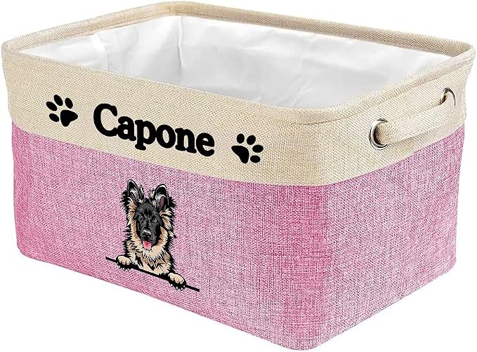Personalized Fabric Dog Toy Storage Basket with Funny Dog German Shepherd Collapsible Sturdy Fabric Pet Toys Storage Bin Cube with Handles for Organizing, Pink and White