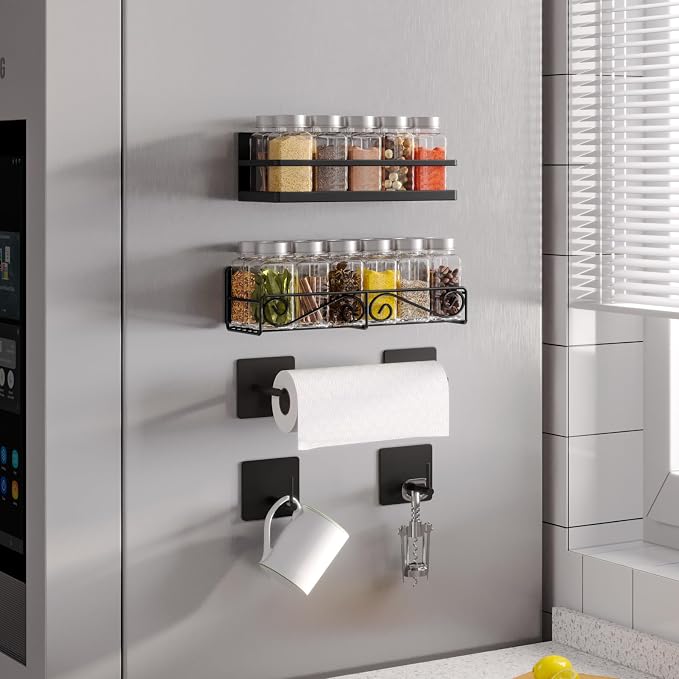 Magnetic Spice Rack for Refrigerator, 4 Pack Strong Magnetic Shelf for Spices, Jars, Bottles, Perfect Space Saver for Small Kitchen/Apartment (Black, 4pack)