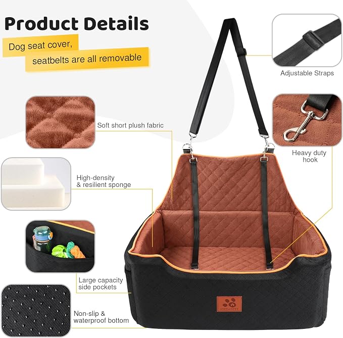 XIEEAOZEE Dog Car Seat for Large/Medium Pet Under 55Lbs or 2 Small Dogs | Detachable and Washable Booster Dog Seat Travel Pet Seat with Thick Cushion & Storage Pockets