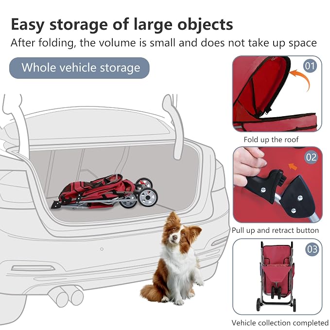 FDW Pet Stroller 3-Wheel Durable Foldable Cat Dog Stroller with Washable Liner Storage Basket Cup Holder,Red