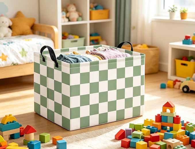 Rectangular Kids Basket Baby Girl Basket Fabric Storage Bin Organizer Box Room Decor(Green Checkered)