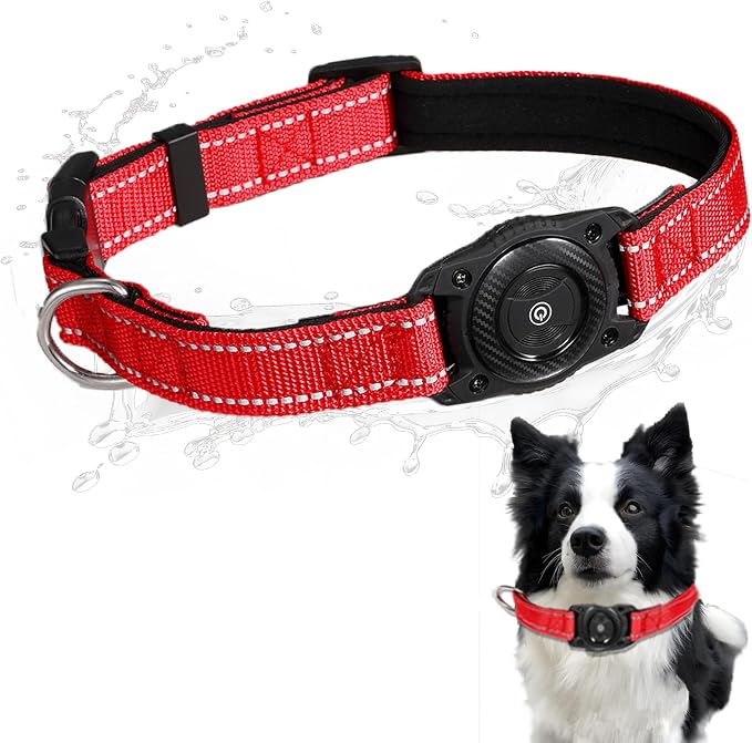 Reflective Tracker Dog Collar, Waterproof Dog Collar Tracking for Apple Find My (iOS Only) Smart Tracker Pet Collar for Small Medium Large Dogs (Red, M)