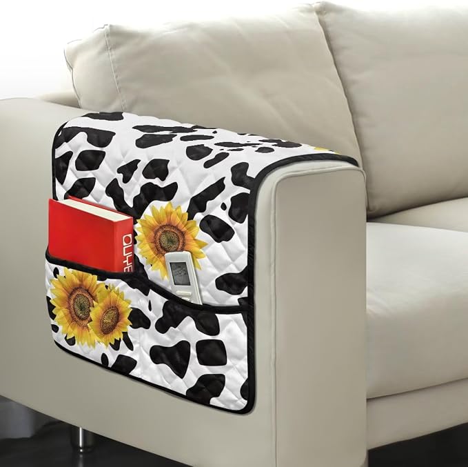 Cow Sunflower Stretch Armrest Covers Couch Arm Cover Non-Slip Arm Rest Covers with Two Pockets Armchair Slipcovers for Recliner Furniture Protector Home Decor