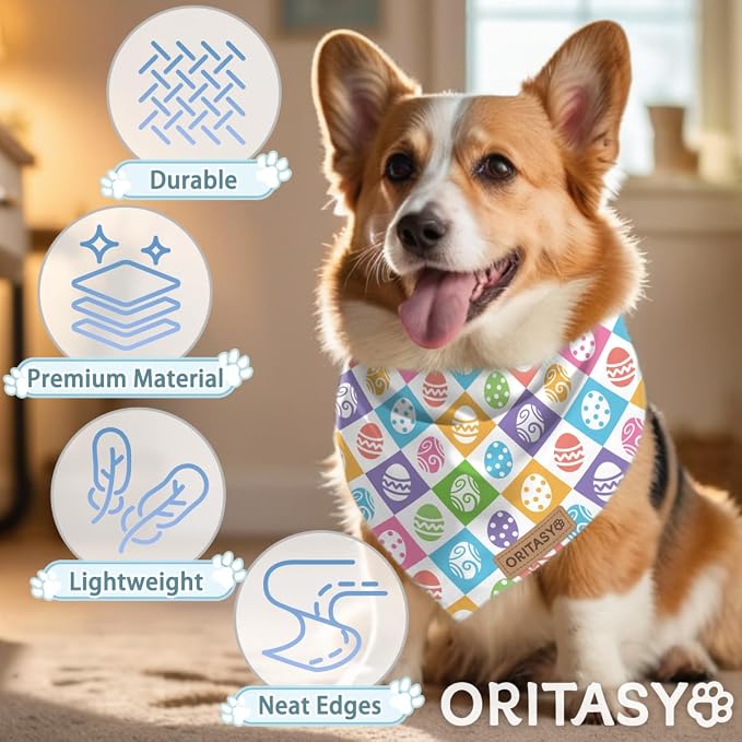 Easter Dog Bandanas, 2-Pack Triangle Reversible Bunny Eggs Pet Scarves, Premium Fabric, Bandana for All Boys Girls Dogs (Checkered, One Size)