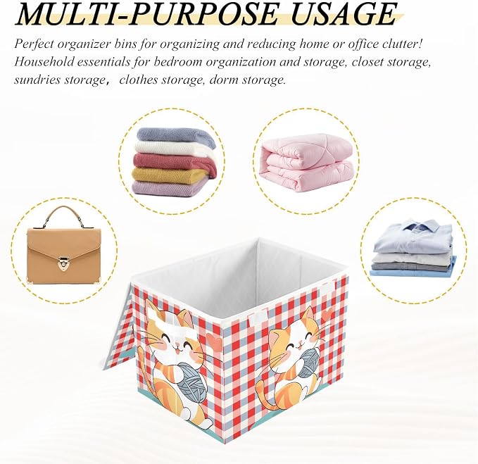 Cute Cat Ball Fabric Storage Bins with Lid Closet Storage Basket 40L | Foldable & Stackable, Flip Top Dust Guard, Reinforced Handles, Home & Bedroom, Clothes & Toys, Cat Print Basket