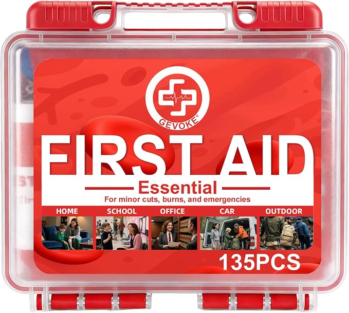 Gevoke Mini First Aid Kit - 135 Piece HardCase First Aid Box, Small | Compact Medical Kit for Home, Car, Travel, Camping, Hiking, Truck, Sports, Office, Vehicle & Outdoor Emergencies