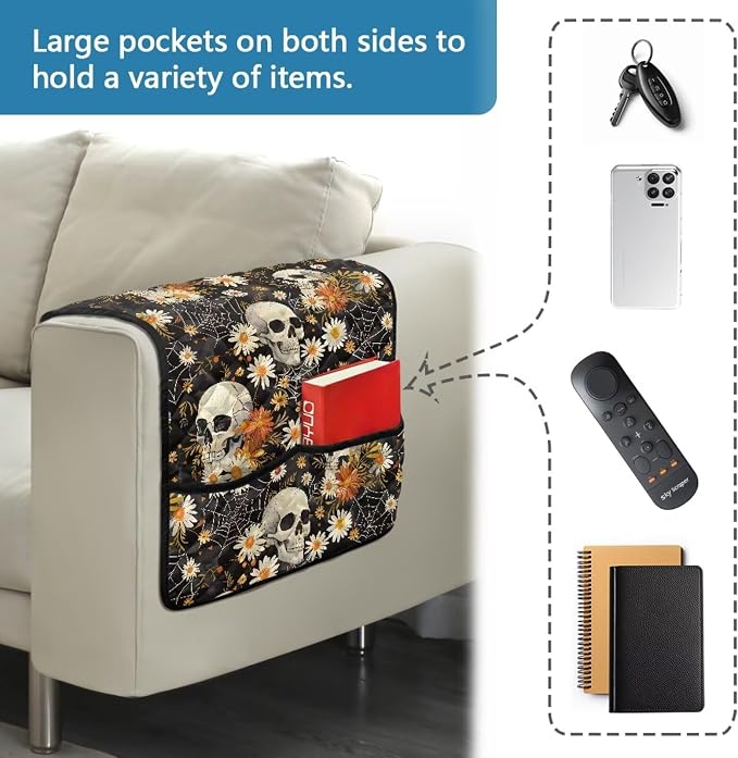Skull Daisy Stretch Armrest Cover Couch Arm Covers Washable Sofa Chair Arm Covers with 2 Pockets Furniture Protector Armchair Slipcovers for Recliner Home Decor Sofa Arms Rest Cover