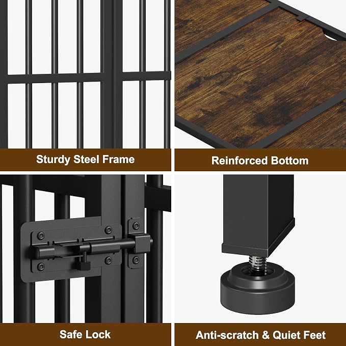 Easycom 31" Dog Crate Furniture Foldable, No Assembly, Rustic Brown | Decorative Wooden Dog Kennel Indoor With Adjustable Bowls and Name Tag, Medium Dogs(20-35 lbs), End Table