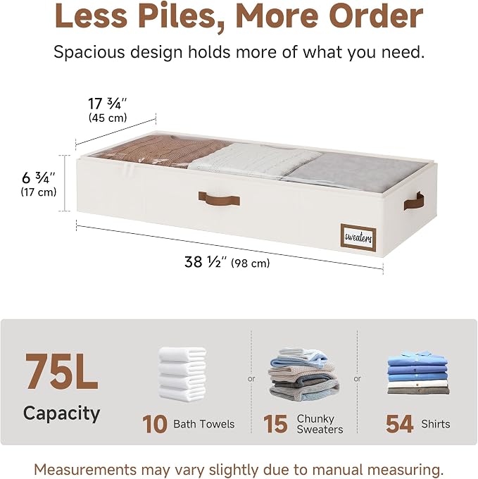StorageWorks 7 Inch Low Profile Under Bed Storage Containers with Clear Lid | Reinforced Structure, Resists Sagging, Handles & Label Holder, Foldable Stackable Closet Storage for Clothes, Blankets, Toys