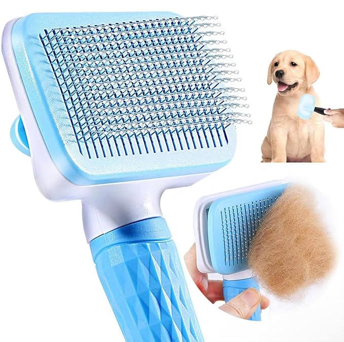 We Love Doodles Professional Slicker Brush for Goldendoodles and Long-Haired Dogs, Self-Cleaning Grooming Tool with Ergonomic Handle, Fine Wire Bristles, Blue (Black)