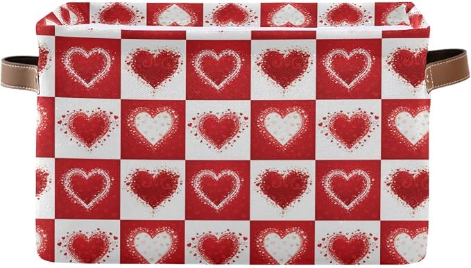 Happy Valentine's Day Love Heart Storage Basket Fabric Laundry Baskets Red White Buffalo Plaid Storage Boxes Organizer Bag for Baby Cloth Dog Toy Book Storage Cubes Shelf Closet Bins 16×12×8 Inches