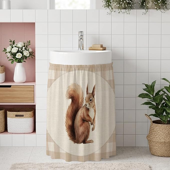 Squirrel Plaid Oven Skirt Curtain for Kitchen Decor 28"x35", Rustic Farmhouse Checkered Retro Animal Self Adhesive Stove Curtains Skirt Cabinet Curtains for Bathroom Laundry Room