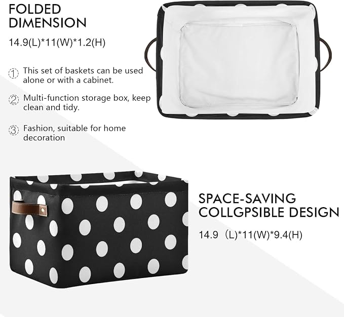 susiyo Large Foldable Storage Bin Black White Polka Dot Fabric Storage Baskets Collapsible Decorative Baskets Organizing Basket Bin with PU Handles for Shelves Home Closet Bedroom Living Room-2Pack