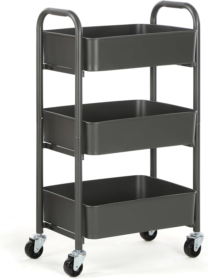 SunnyPoint 3-Tier Delicate Compact Rolling Metal Storage Organizer - Mobile Utility Cart Kitchen/Under Desk Cart with Caster Wheels (Gray, 15.35" X 10.24" X 26.8"H)