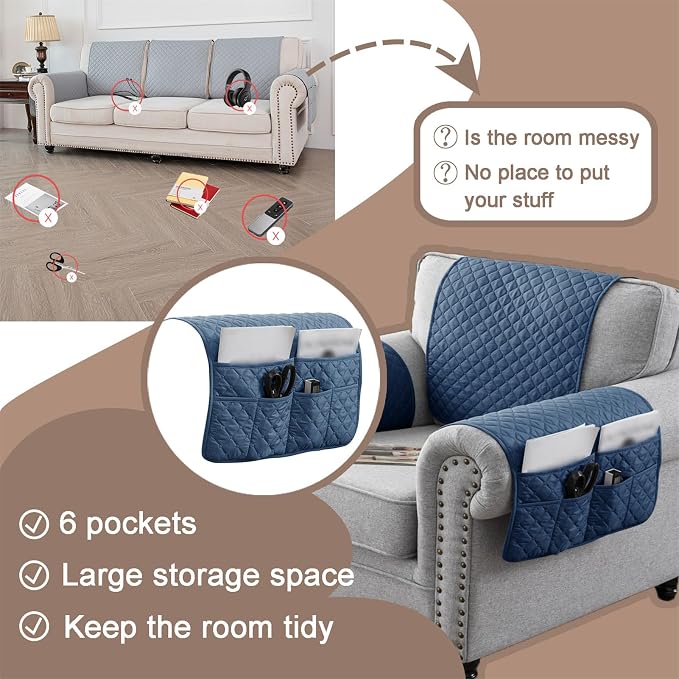 Water-Resistant Sofa Armrest and Headrest Covers with Side Pocket | Keep remotes close quilted polyester helps guard against wear, pet scratches, and kids' messes silicone backing adds grip