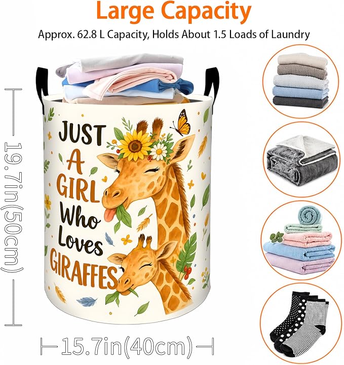 Cute Giraffe Laundry Basket, Safari Animal Leaf Flower Oxford Cloth Dirty Clothes Collapsible Hamper for Room Decor, Wildlife Gifts, Toy Organizer 19.7 x 15.7 Inches for Bedroom Bathroom Dorm