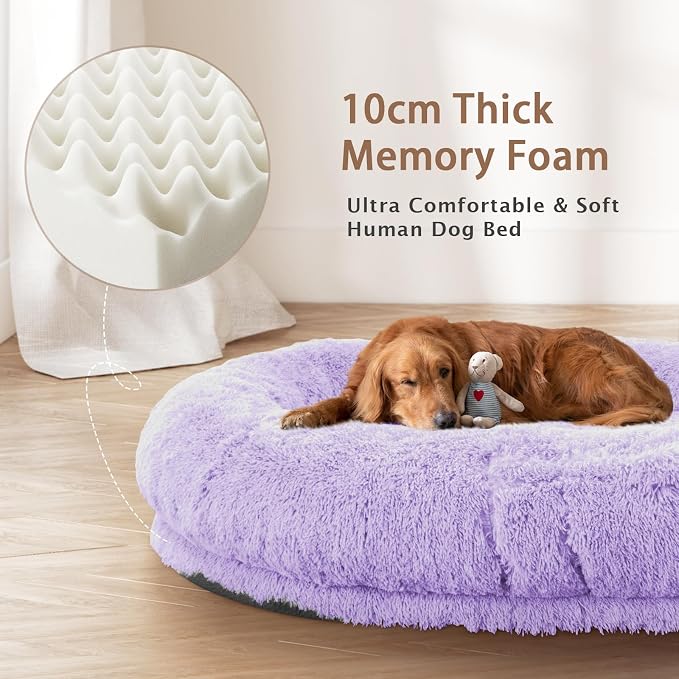 ROOMTEC Human Dog Bed, 78''x51''x12'' Size Fits Adult and Pet Washable Giant People Bed 10 CM Thick Memory Foam Large Oversize Pet Bed with Plump Pillow, Blanket, Strap - Purple